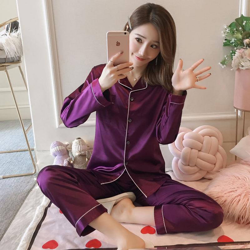 Solid color ice silk pajamas women's long-sleeved cardigan simulation silk spring summer loungewear women's autumn suit breathable