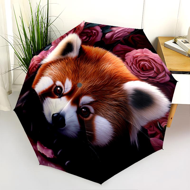 Red Panda and Rose pattern, automatic folding umbrella, portable and foldable design, 8 ribs, a Christmas or birthday gift.