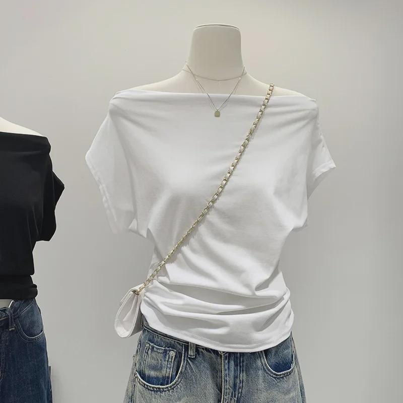 

Женские летние футболки на одно плечо с коротким рукавом, облегающие талию, плиссированные, 2024 г. M