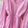 French Pink V-Neck Embroidered Ruffle Dress: Women's Autumn/Winter Waist-Cinching Long Dress
