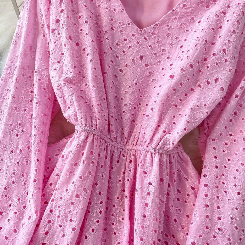 French Pink V-Neck Embroidered Ruffle Dress: Women's Autumn/Winter Waist-Cinching Long Dress