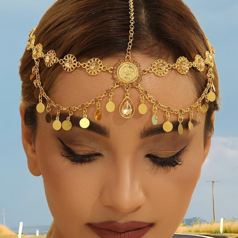 Indian Bridal Head Chain Gold Color Coin Tassels Rhinestones Headdress for Women Wedding Accessories Casual Wear