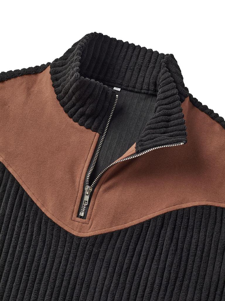 Men's Retro Stand-Up Collar Ribbed Pullover - Half-Zip, Warm Patchwork for Autumn/Winter Christmas Gift