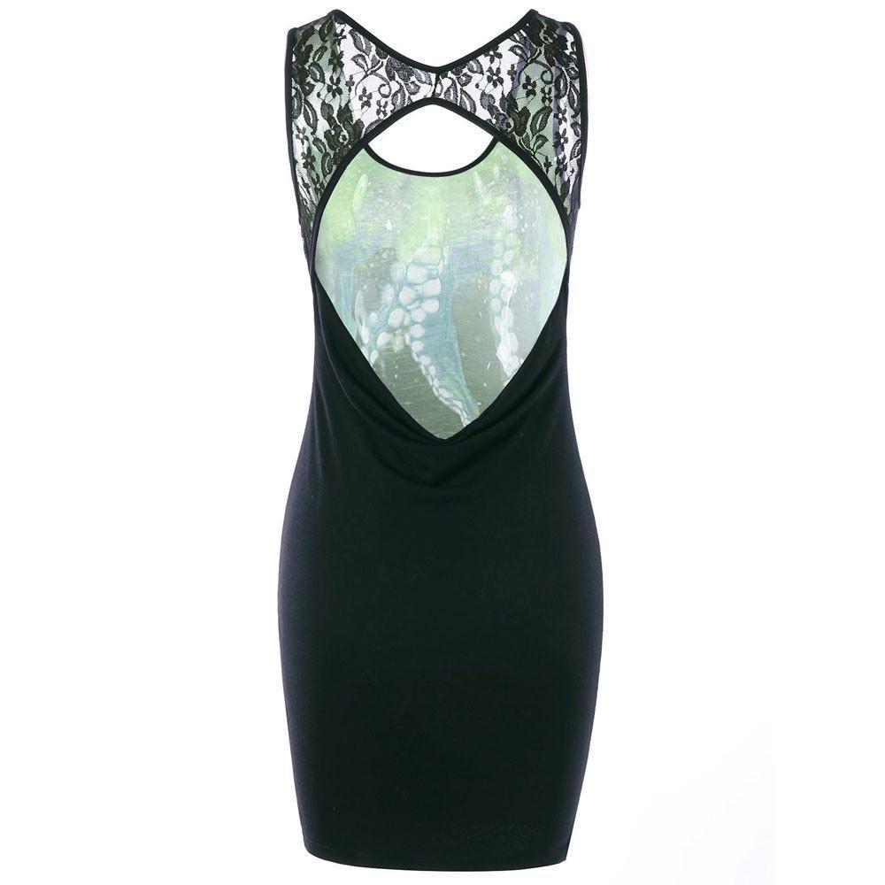 Women Summer Delicate Sleeveless Cut Out Octopus Print Mini Dress With Lace Stitching