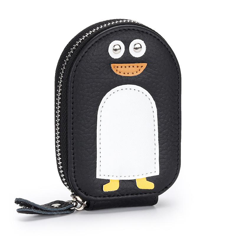 Small Penguin Shape Card Holder Coin Purse Cartoon Cute Genuine Cow Leather Zipper Purses Mini Wallet