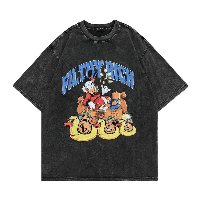 European And American High Street Trendy Brand Skull Print Washing Water Round Neck Tee Shirt Hip Hop Street Retro Short Sleeve T-Shirt Men And Women