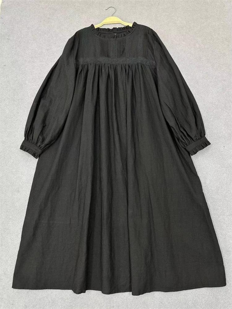 

Vintage Autumn Women Dresses Japanese Forest Style Loose Accordion Pleated Lace Simple Solid Color Dress One Size чёрный