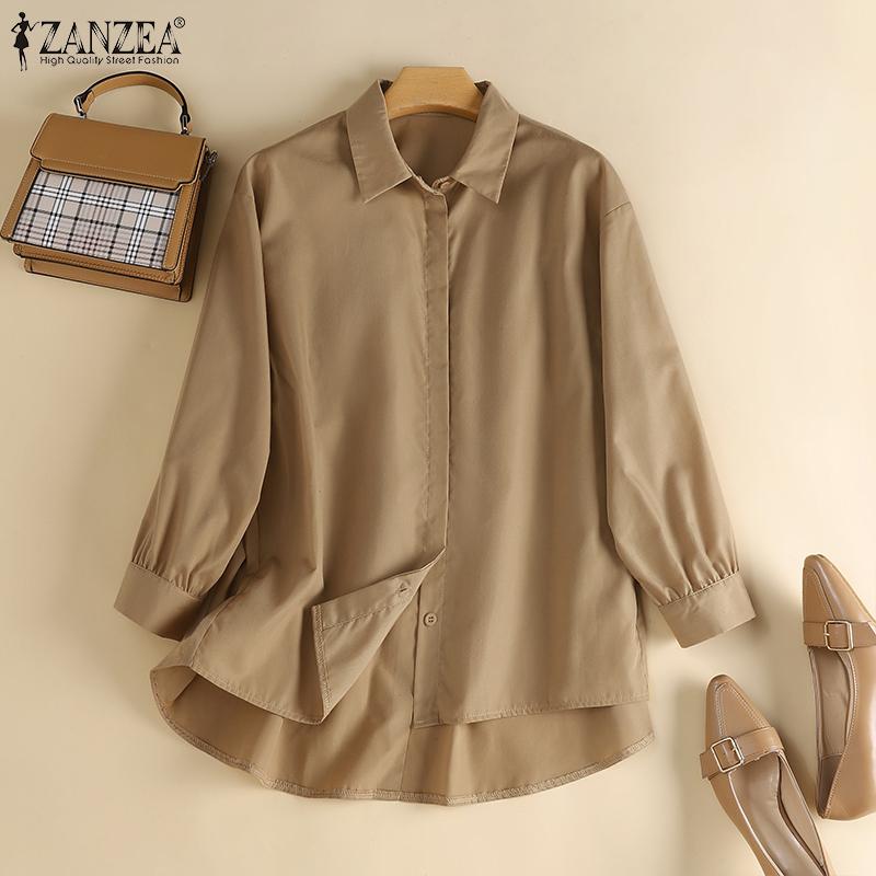 

ZANZEA Женщины Повседневный отворачивающийся воротник с длинным рукавом Свободные блузки Рубашки