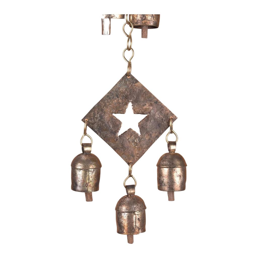Rustic Bronze Metal Wind Chime With Star Cutouts And 7 Bells For Garden Decor Outdoor Porch Balcony Memorial Gift 19 X 4.5 Inch