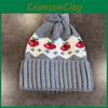 Warm Simple Knitted Hat Cherry Embroidery Design And Plush Decoration Ball