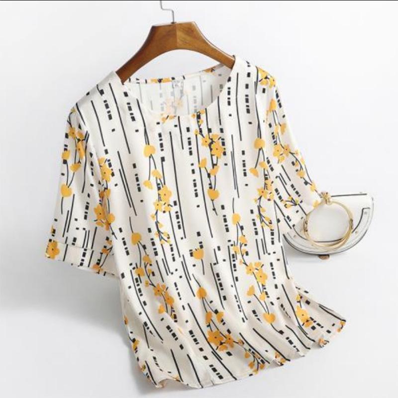 

Футболка из ледяного шелка, женская летняя футболка среднего и пожилого возраста, элитный модный западный стиль, большой размер с принтом, свободный живот, тонкий топ для матери M