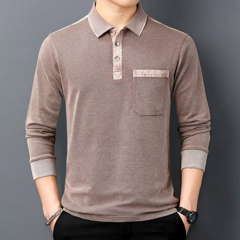 Men's Long-Sleeve Turn-Down Collar Polo Shirt with Ribbed Cuffs and Pocket, Loose Fit