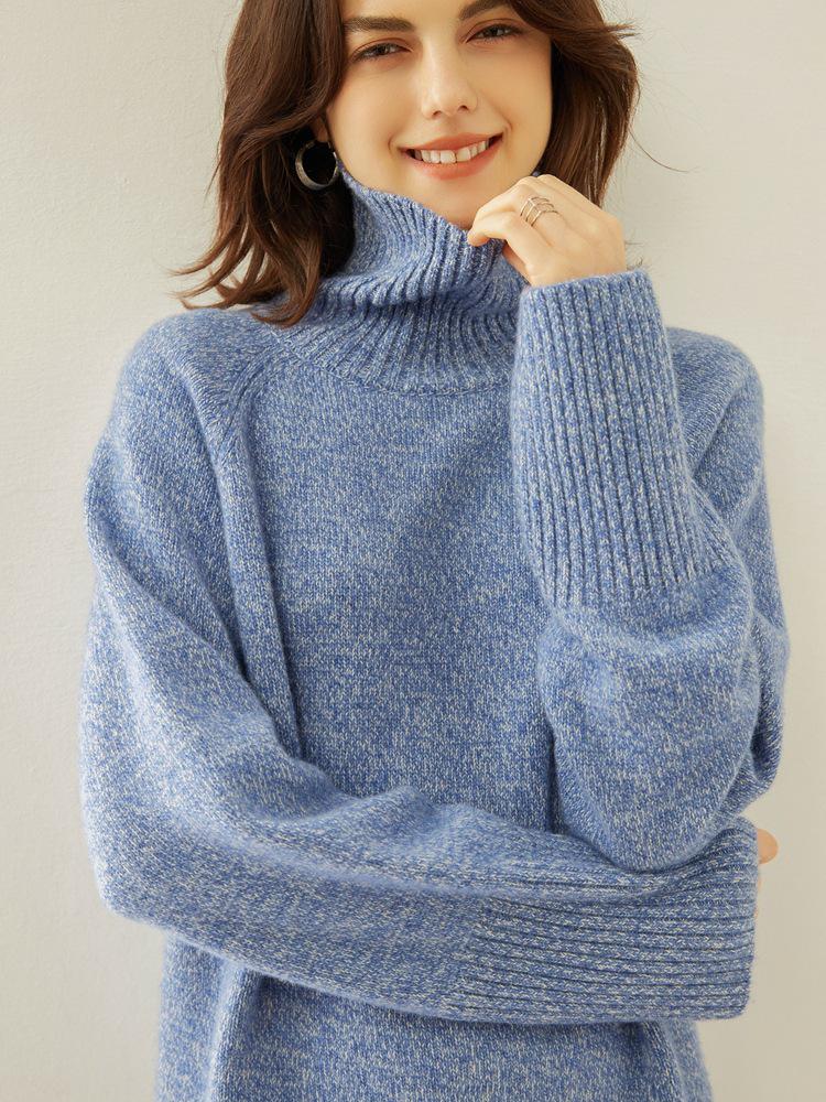 Women's Autumn/Winter High Neck Patterned Cashmere Raglan Sweater