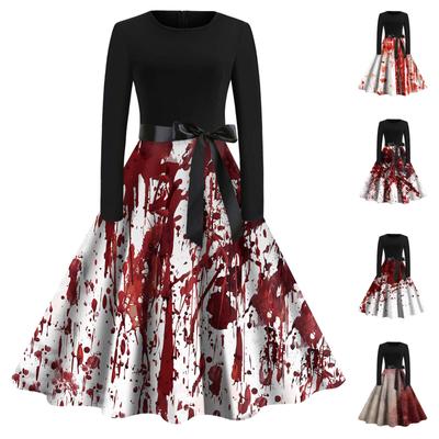 Women's Vintage Long Sleeve Halloween Print Family Party Prom Dress
