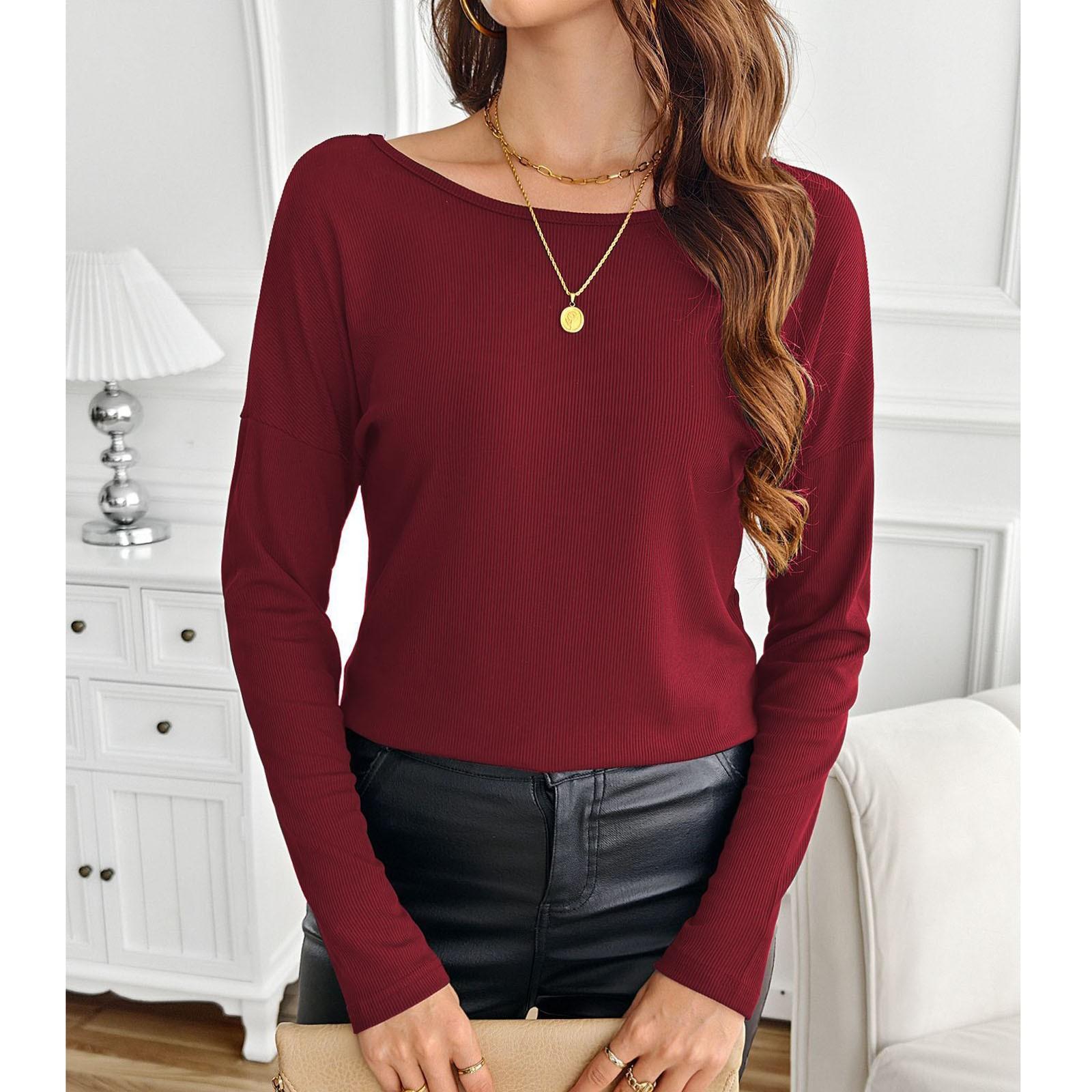 

Женская повседневная однотонная футболка с длинными рукавами и принтом бабочки и цветка на спине XL винный