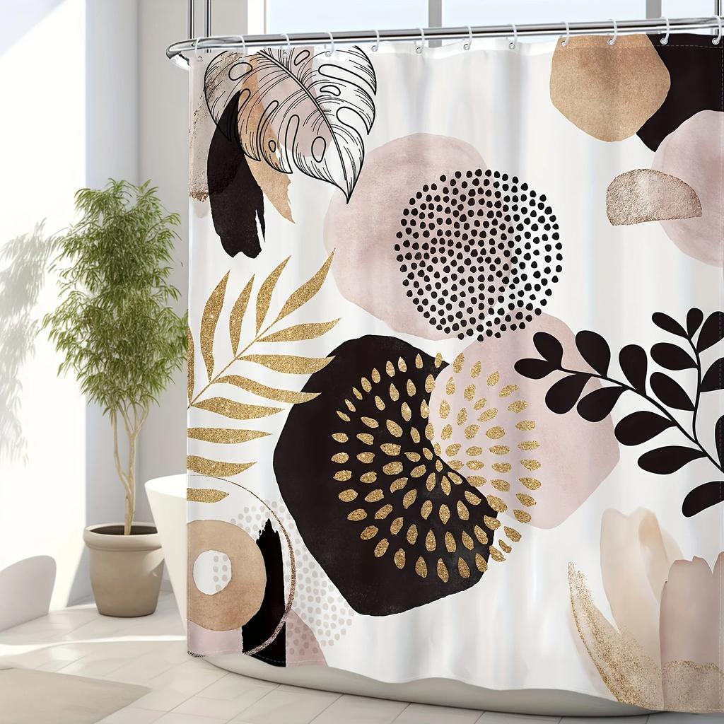 Boho Abstract Shower Curtain Set, Black Pink Gold Leaves, Modern Minimalist Bathroom Decor, Fabric, 12 Plastic Hooks