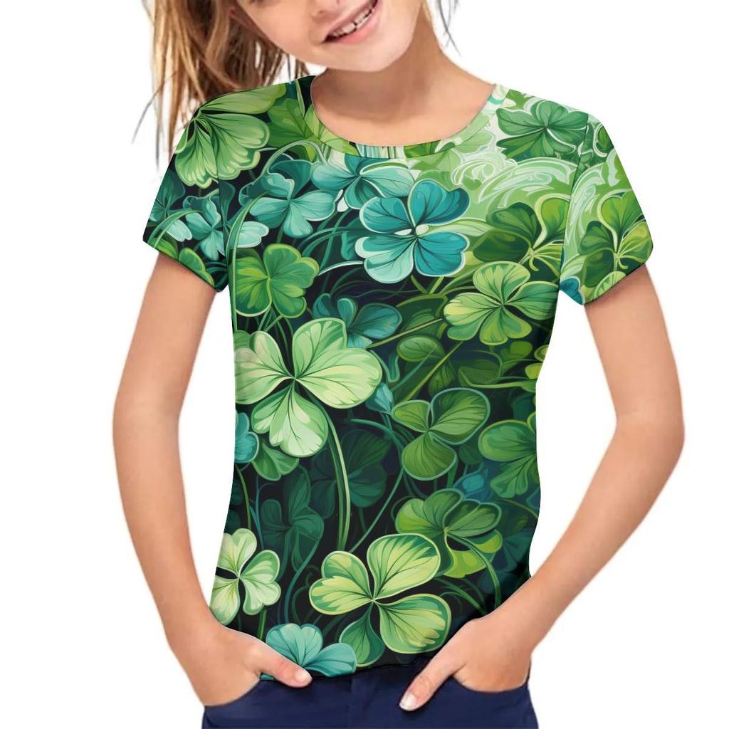 Kids T-shirt 3d Print Children's T-shirt Short Sleeved Loose Girls' Top 3D Fresh Clover T-shirt