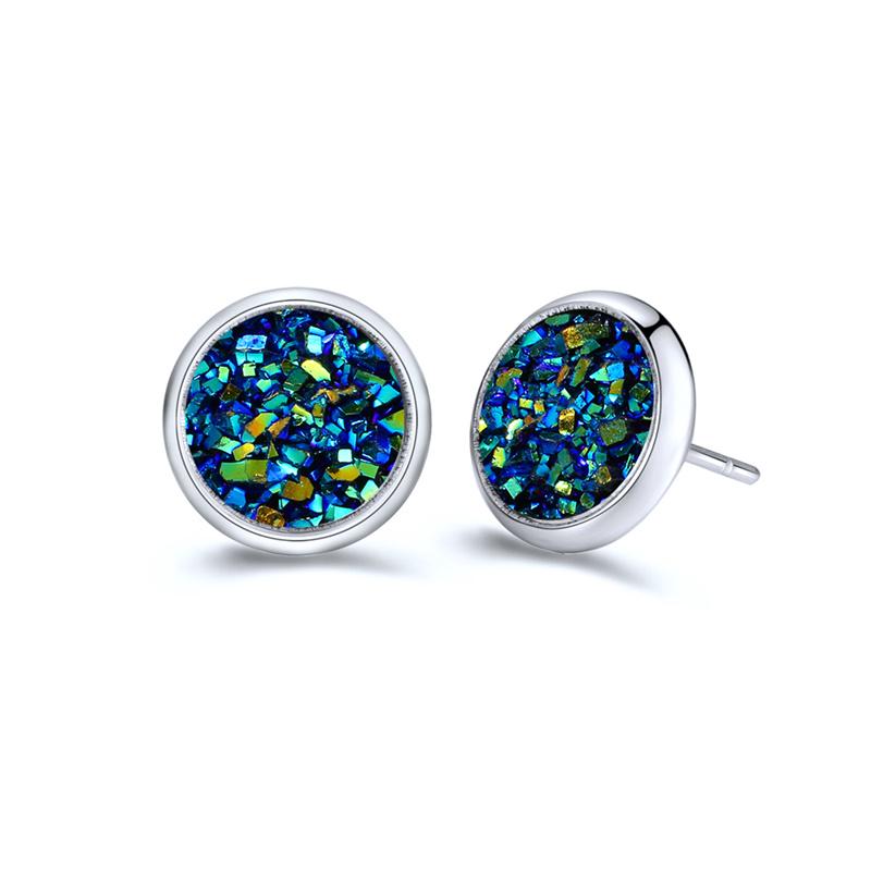 Post Stud Earrings Copper Druzy/ Drusy Round Royal Blue AB Color 16mmx 14mm 1 Pair