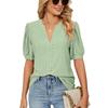 Summer Casual V-neck Solid Color Hollow Bubble Sleeve Loose T-shirt Top for Women Shirt