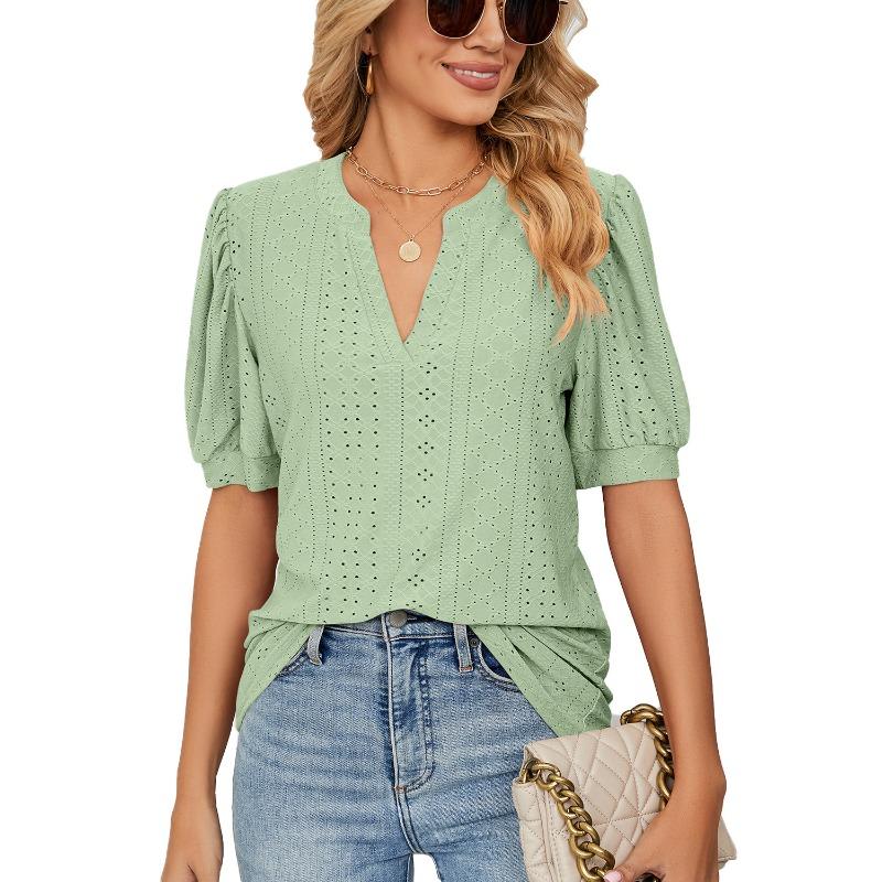 Summer Casual V-neck Solid Color Hollow Bubble Sleeve Loose T-shirt Top for Women Shirt