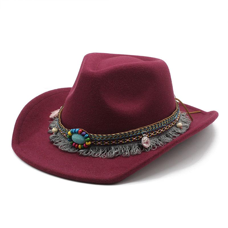 Ethnic Style Tassel, British Style Felt Hat, Retro Top Hat, Woolen Men'S And Women'S Western Cowboy Hat
