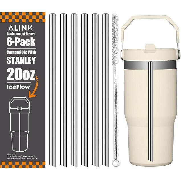 ALINK Stainless Steel Straws Compatible with Stanley Iceflow 30oz Flip Tumbler, 6 Pack Reble Metal Straws for Stanley Ice Flow 30oz Cup Lid Only, 20 OZ