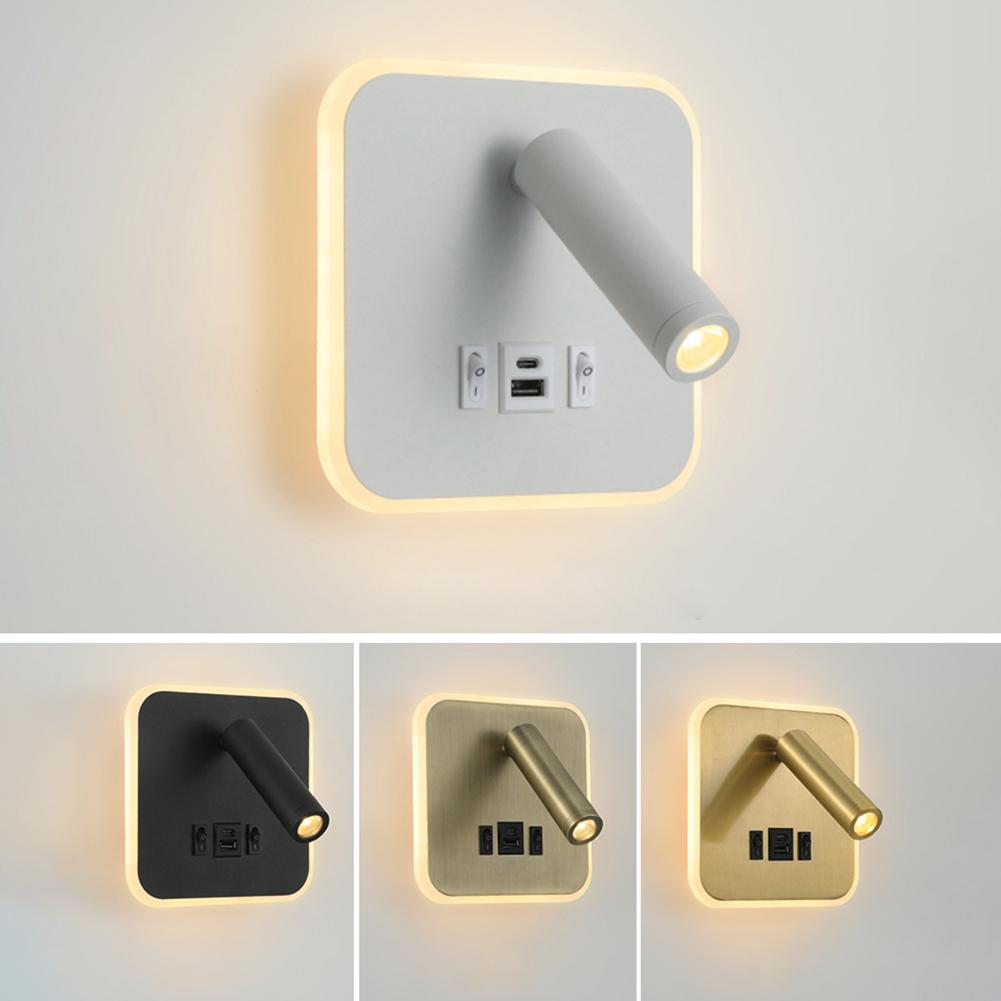 

Современный настенный светильник для чтения в отеле с USB-интерфейсом, светодиодный светильник с регулируемой яркостью, с переключателями, металлическим корпусом и акриловым абажуром, декоративная лампа