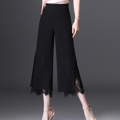 Ladies Cropped Pants Lace Patchwork Solid Color High Waist Straight Thin Side Split Mid-calf Length OL Commute Style Women Trousers