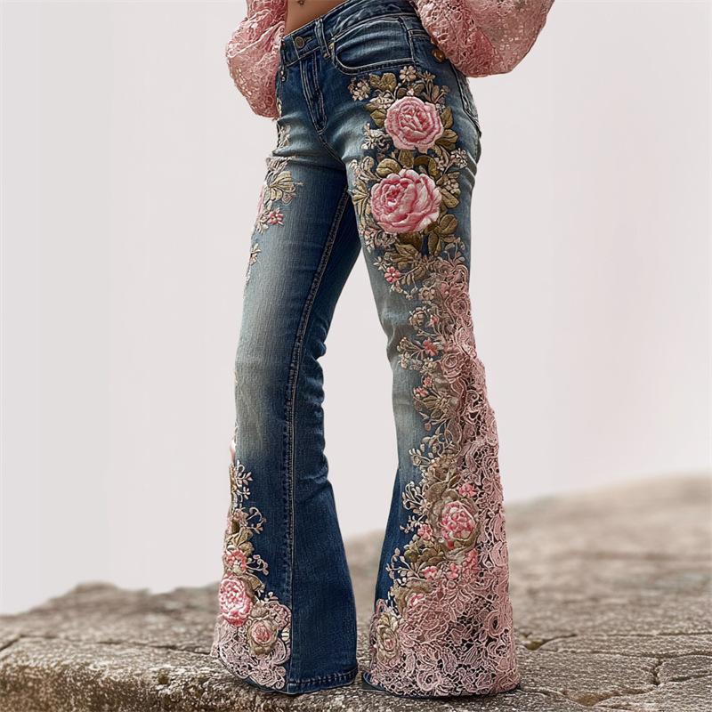 

2026 Spring/Summer New 3D Digital Print Women s Fashion Slimming Denim Flare Pants 3XL