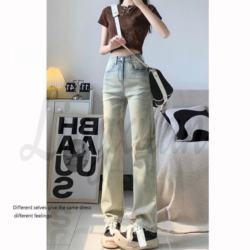 

European Yellow Distressed Straight-Leg High-Waist Retro Jeans for Women - Autumn 2026 Edition L