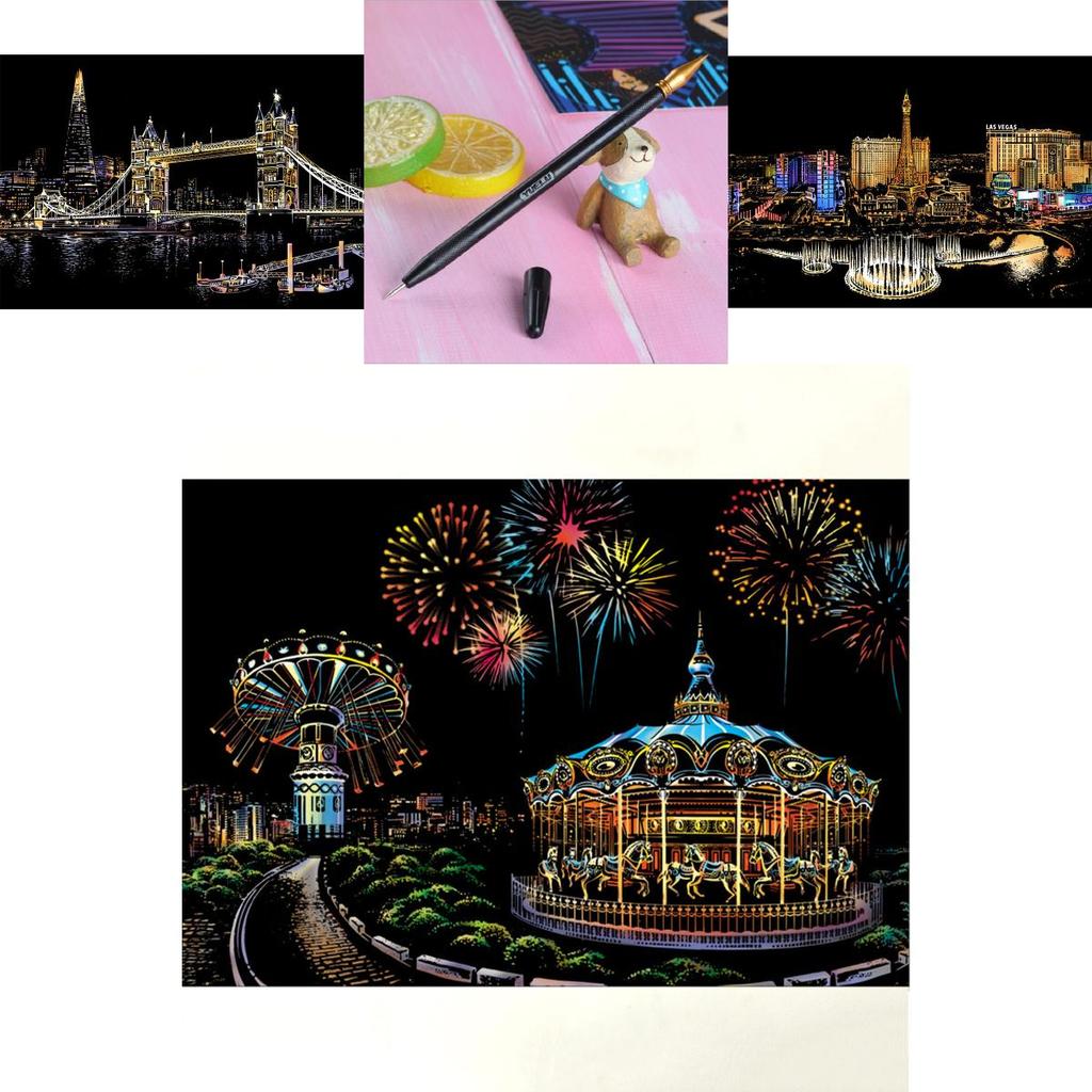 Tablero de Papel para Pintar Paisaje Nocturno con Arte Mágico Rasca Premium Para Actividades Educativas Atractivas