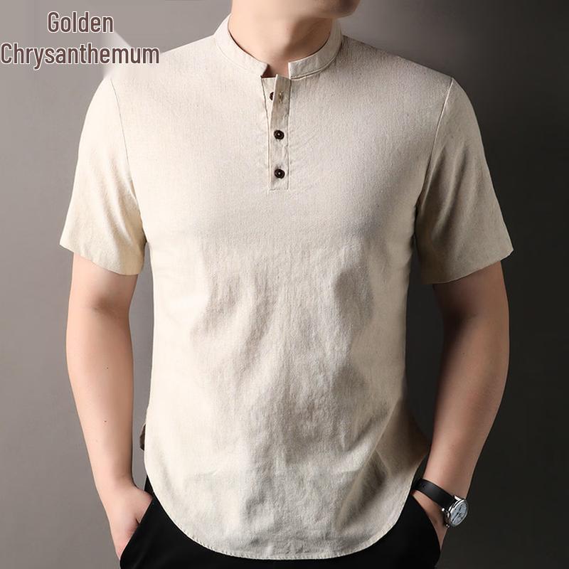 Men s Chinese Style Linen Blend T-Shirt M