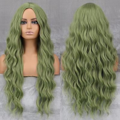 Long Wavy Green Synthetic Heat-Resistant Fiber Wig Women's Natural Half Part Cosplay Party Lolita Red Black Pink Wig