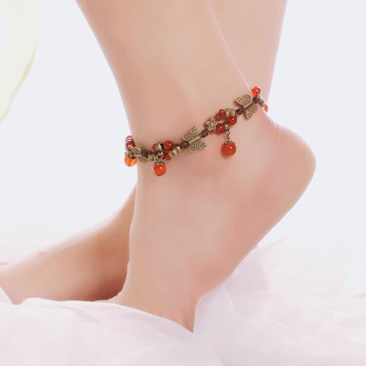 Hand-woven agate bracelet women's vintage bohemian butterfly flower fringed pendant anklet