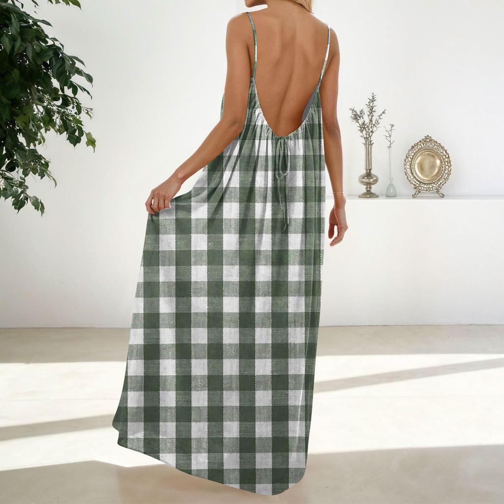 Women's Fashion Backless Spaghetti Strap Casual Loose-Fit Plaid Print Dress