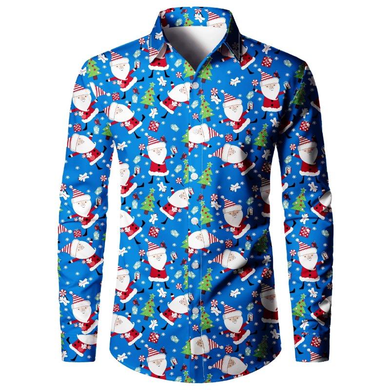 Christmas Snowflake and Five-Pointed Star Print Men's Long-Sleeved Shirt Retro Holiday Decorative Ball Collar Versatile Shirt
