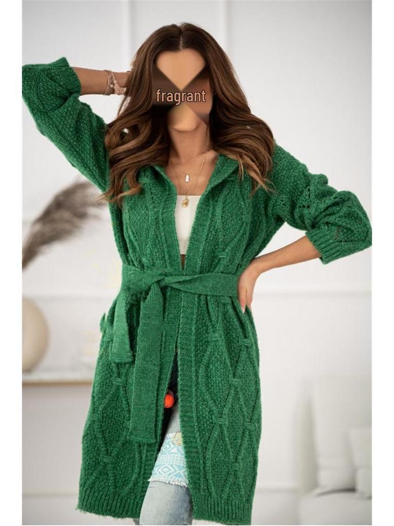Women's Plus Size Knitted Hoodie Cardigan with Belt - Long Sleeve, 8 Color Options, 2024 Collection