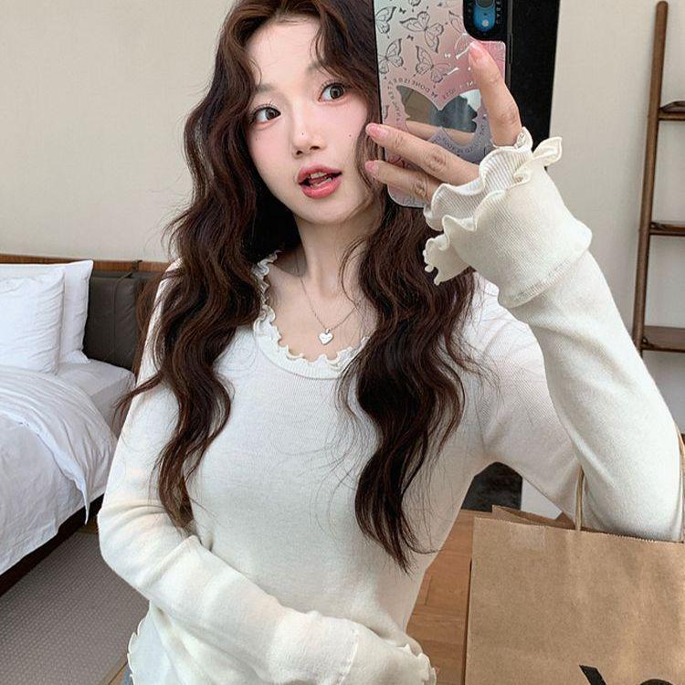 

Women s Elegant Double Layer Wood Ear Trim Round Neck Long Sleeve T-shirt - Autumn/Winter Slimming Fit L (50-57.5 kg) білий