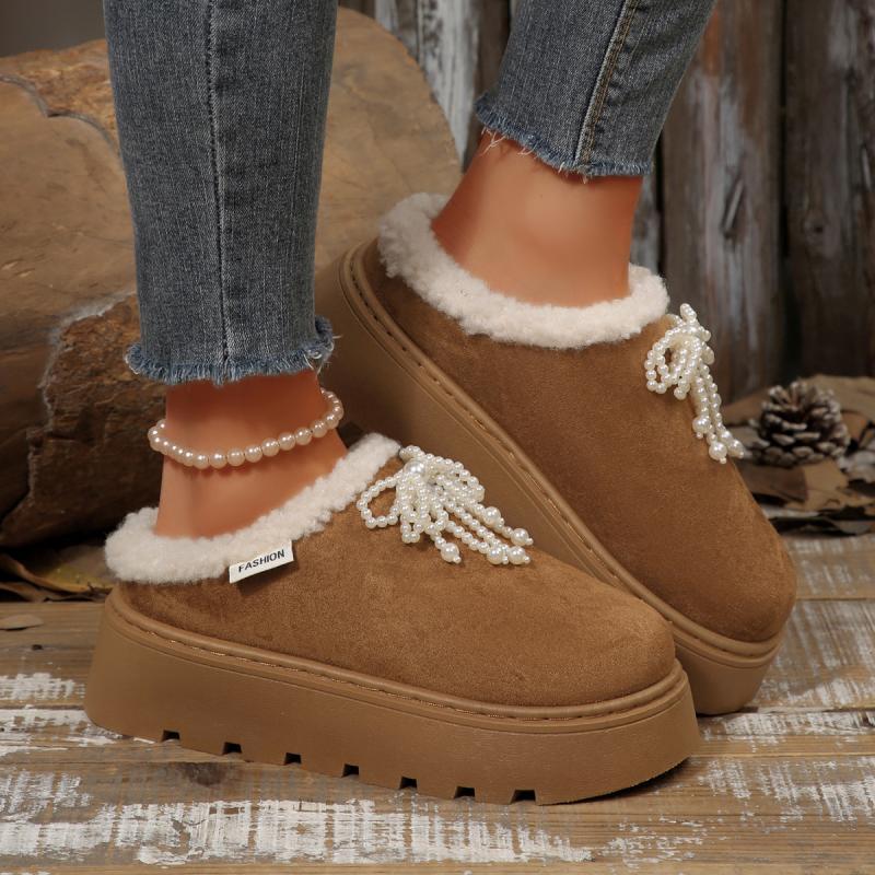 Chunky Platform Wedge Heel Furry Outdoor Slippers Women 2025 Winter Thick Bottom Plush Mules Slippers Sweet Pearl Bowknot Slides