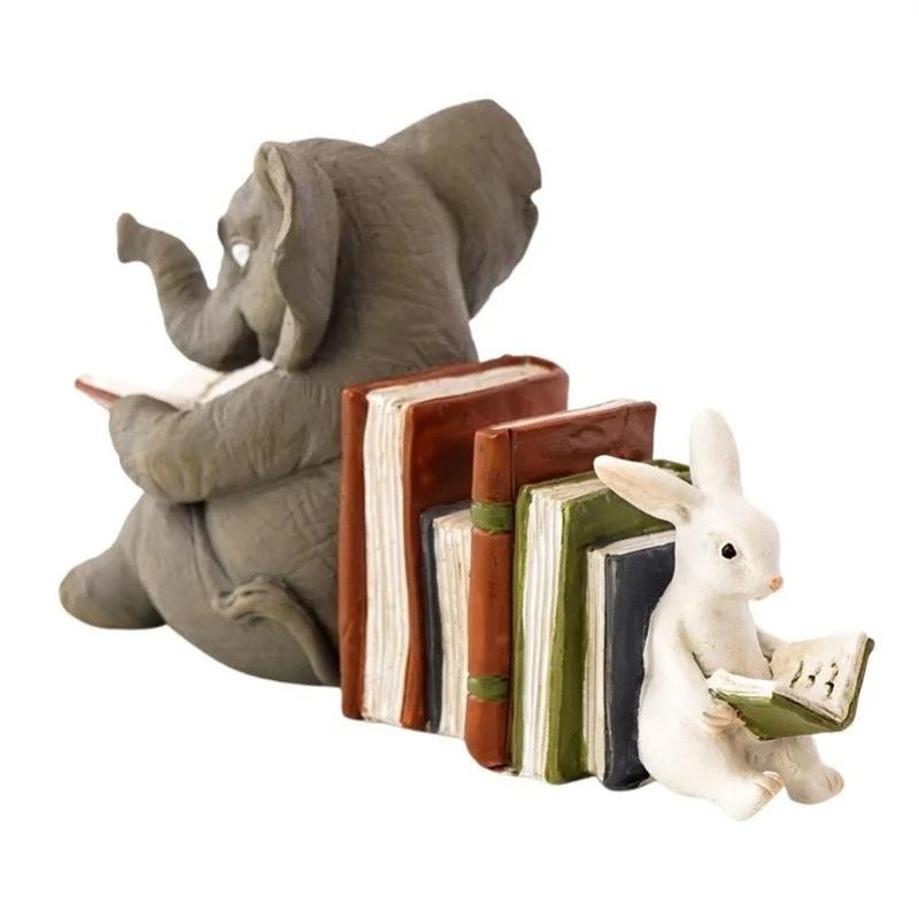 1 Pcs Elephant And Rabbit Reading Learning Statue Bookend Resin Animal Statue Decoration Home Decor