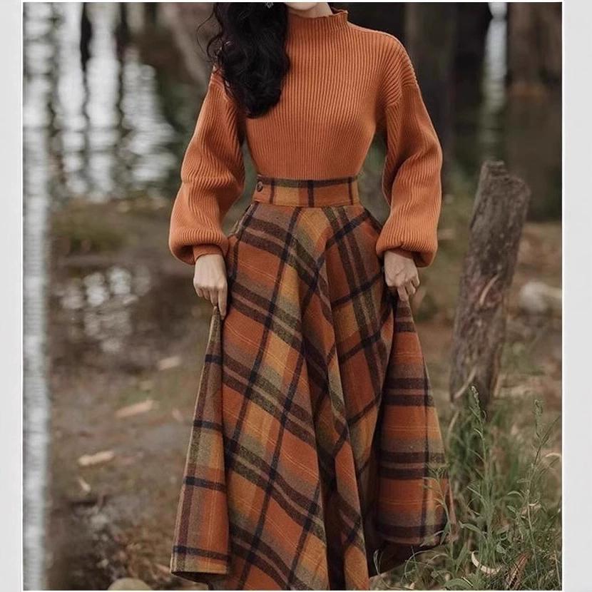 

Женский осенне-зимний новый модный свитер с длинным рукавом, пуловер, топы, клетчатая шерстяная смесь, юбка, комплект из двух предметов XS