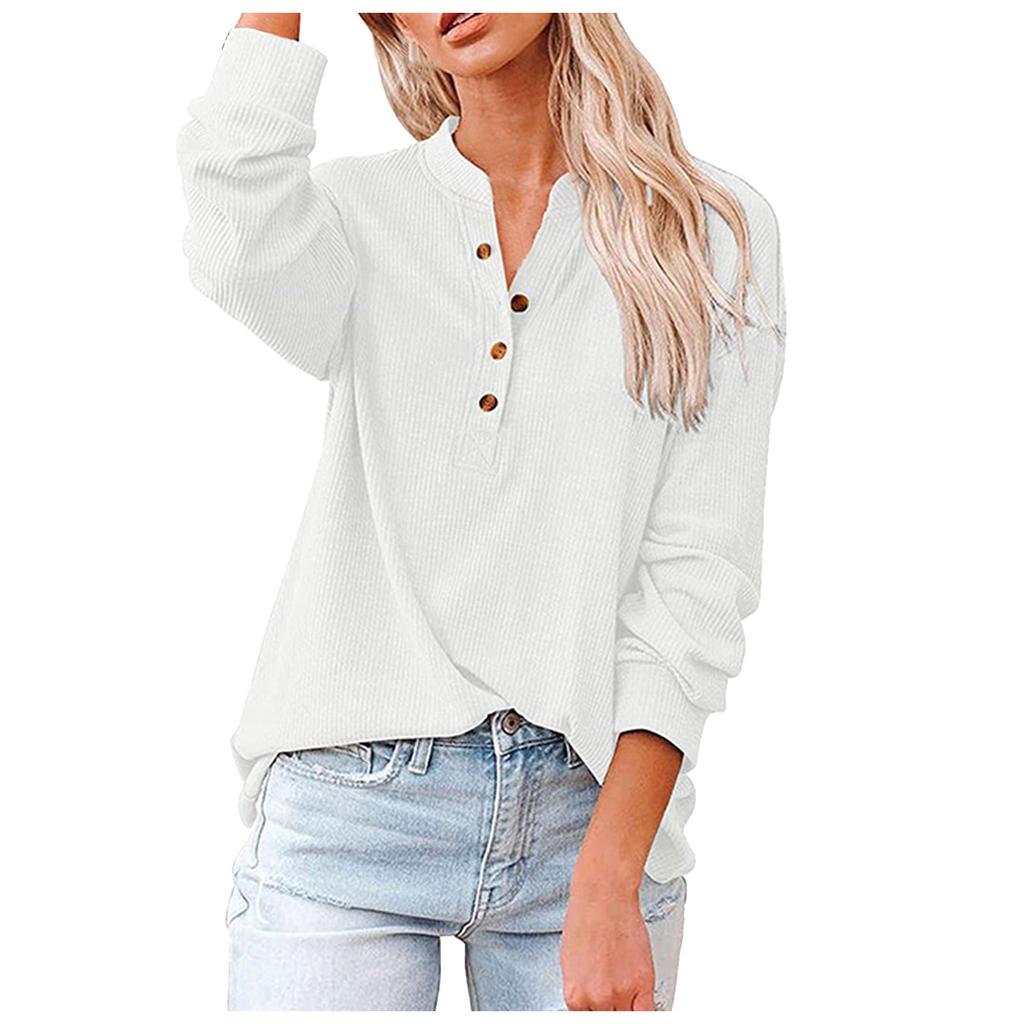 Women's Casual T-Shirt Buttons V-Neck Solid Long-sleeved Knitted Shirt Blouse Tops