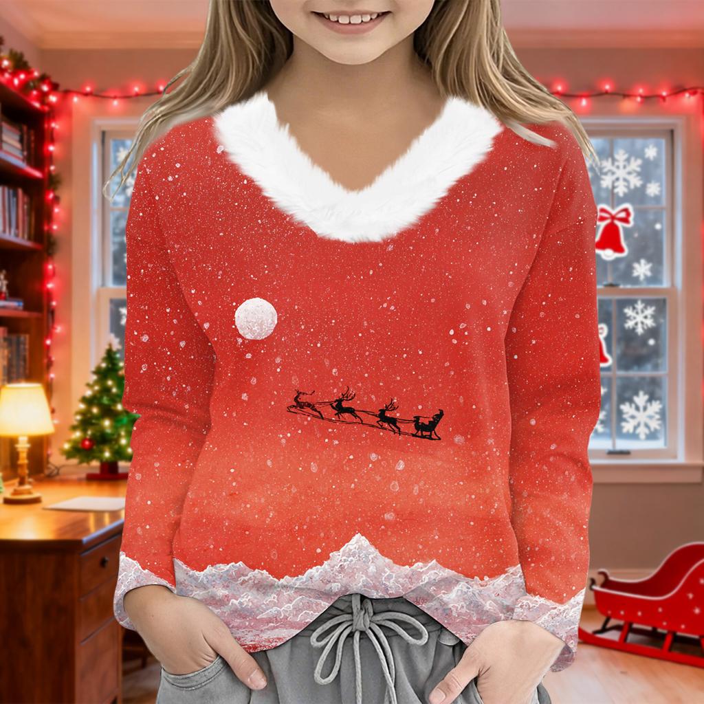 Christmas Day Girls Long Sleeve T Shirts Kids  Girls' V-Neck Tee Christmas Print Long Sleeve Top