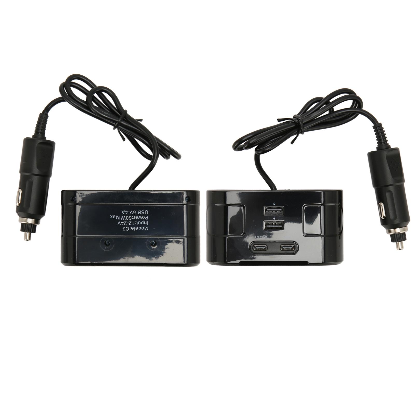 Автомобильный прикуриватель-разветвитель, двойной адаптер с 2 портами USB, 2 порта Type-C, быстрая зарядка 60 Вт, цифровой дисплей напряжения для телефонов, планшетов, камер black