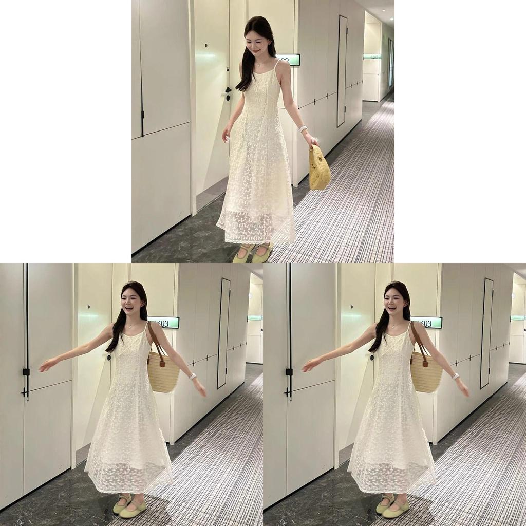Elegant Summer Polyester Lace Midi Dress For Women With Waistcinching Design