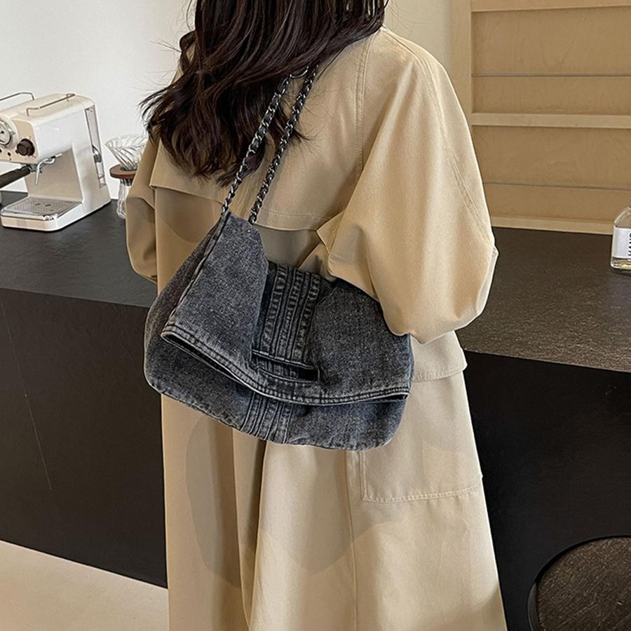 Denim Chain Crossbody Bag,Summer New Casual Women Fold Shoulder Bag,Trendy Commuter Tote Bag for Daily Travel Work Purse Handbag