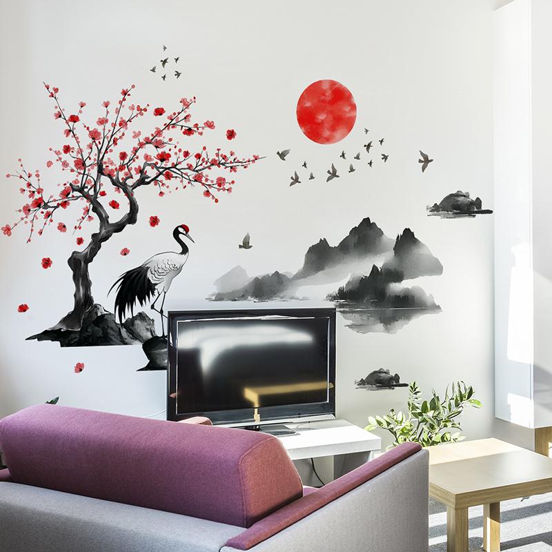 Chinese Style Ink Painting Wall Sticker Bedroom Living Room Wall Sticker Home Decor Self-Adhesive Wallpaper Art Murals