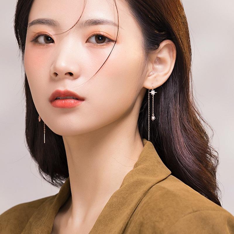 New 925 Silver Star Inlaid Zircon Earrings Ladies Temperament Long Tassel Earrings Simplicity Luxury Jewelry Silver Color Gifts