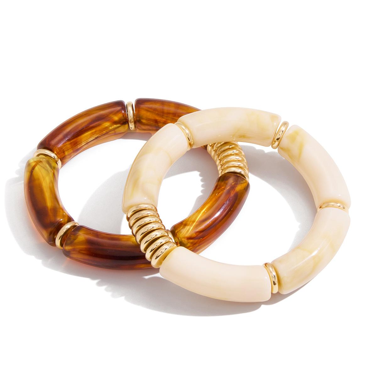 MW New Styles 2pcs Set Vintage Resin Bamboo Bangles UV Gold Plated Leopard Amber Resin Bamboo Joint Bangle Bracelets