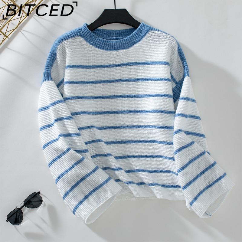 

BITCED Autumn/Winter Women s O-Neck Loose-Fit Black-and-White Striped Pullover Long-Sleeved Knitted Sweater XL синий
